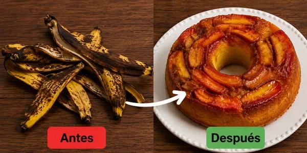 Antes y Después: Cáscaras de plátano convertidas en pastel de plátano